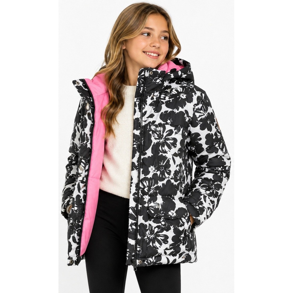 ROXY GIRL Black White Floral Hooded Puffer Jacket Pink Lining Girls M 10/12